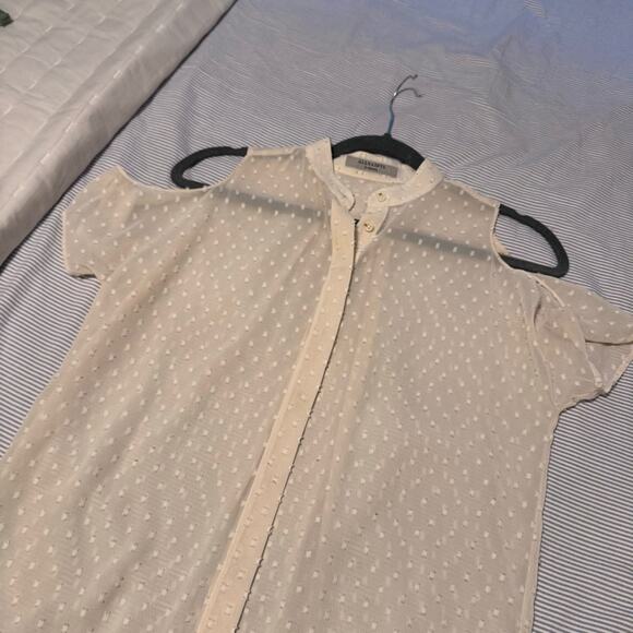 All Saints Textured Cream Cold Shoulder Button Down Blouse - Picture 5 of 6